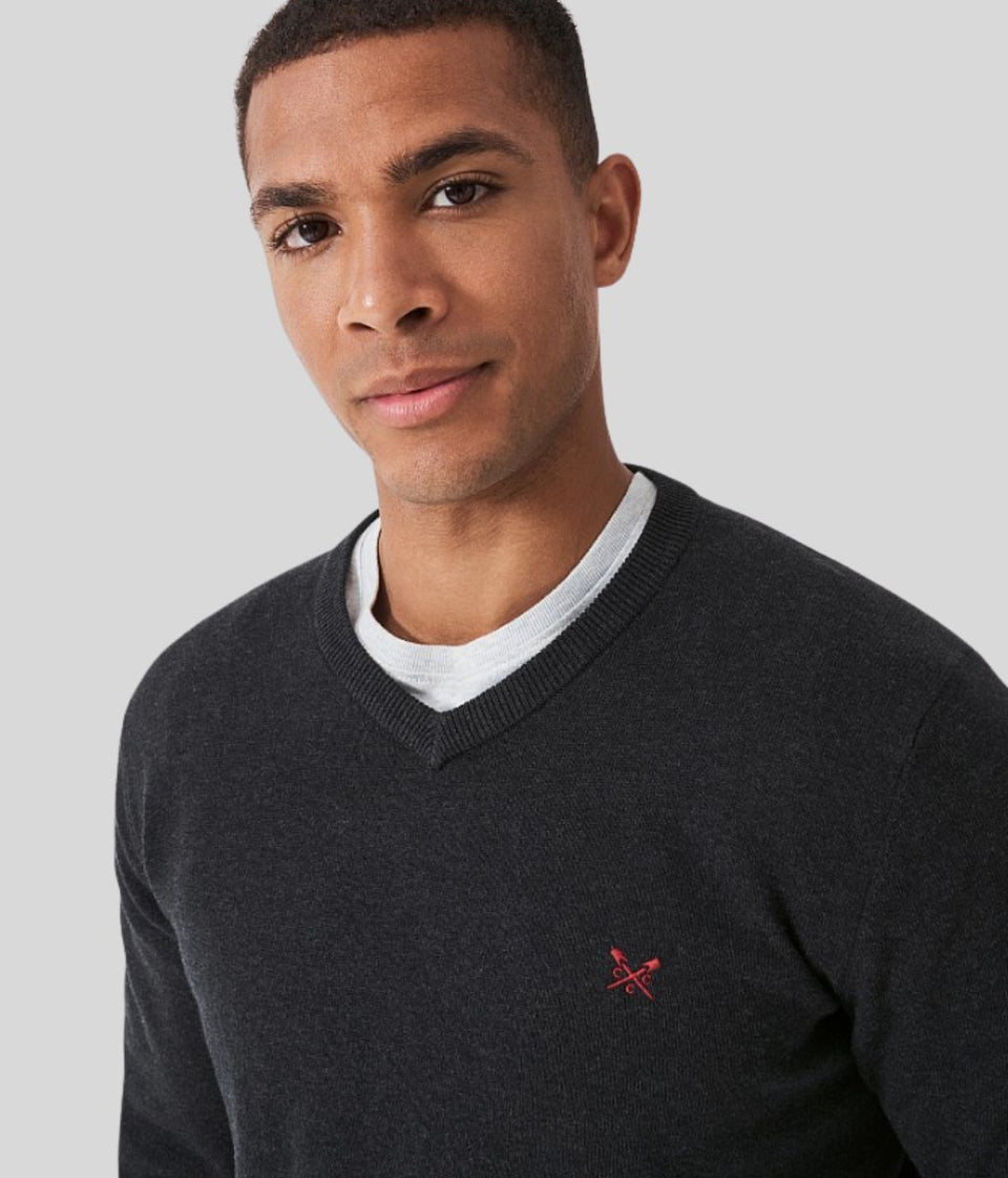 Charcoal Mens V Neck Logo Jumper