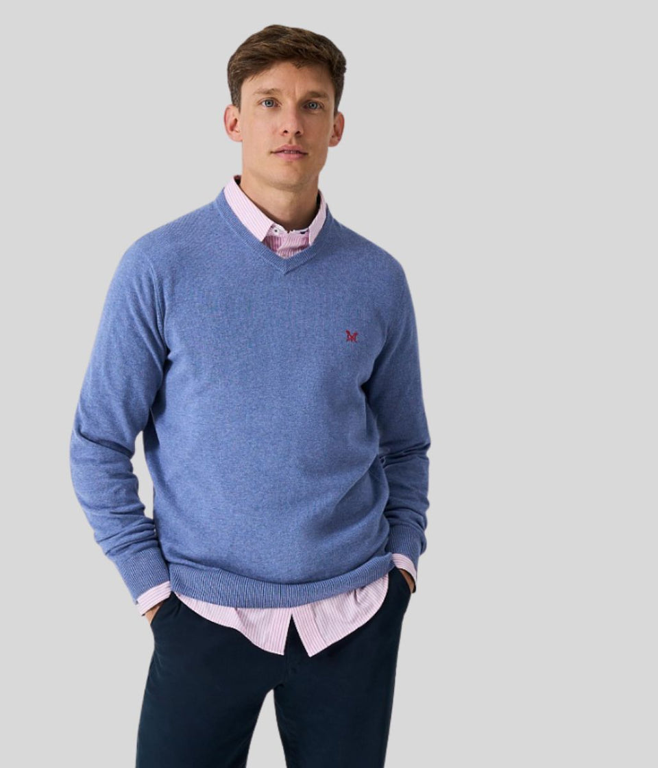 Blue Mens V Neck Logo Jumper