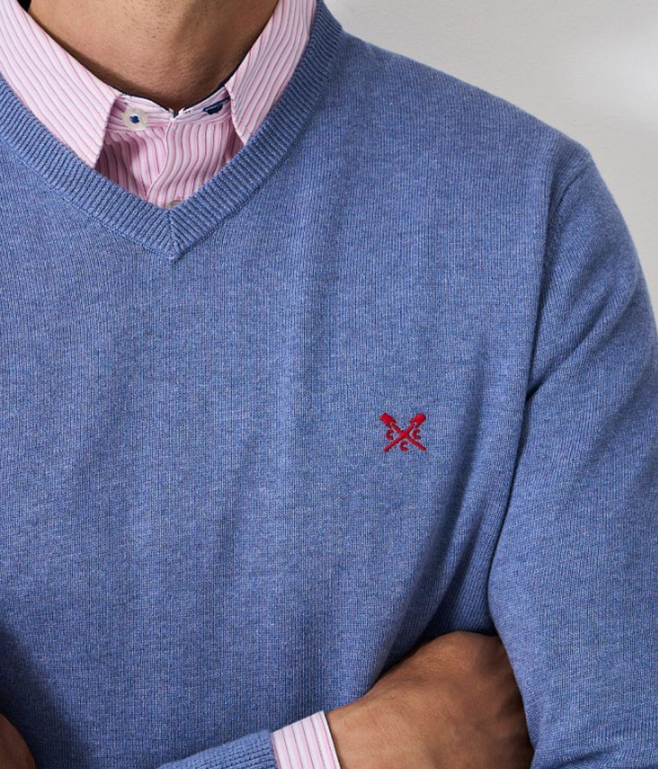 Blue Mens V Neck Logo Jumper