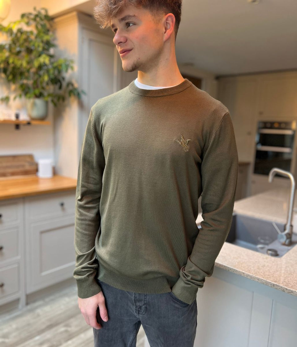 Khaki Fine Knit Crew Neck Jumper