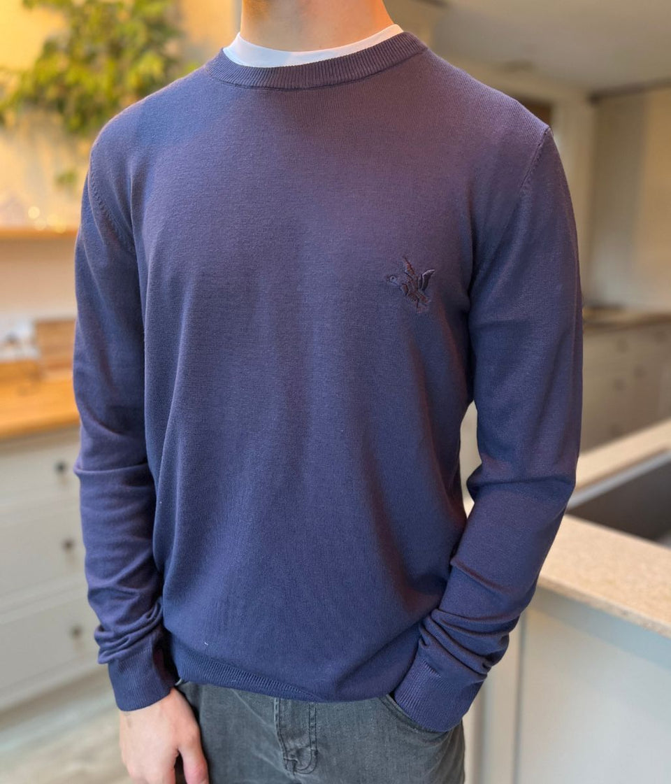 Blue Fine Knit Crew Neck Jumper