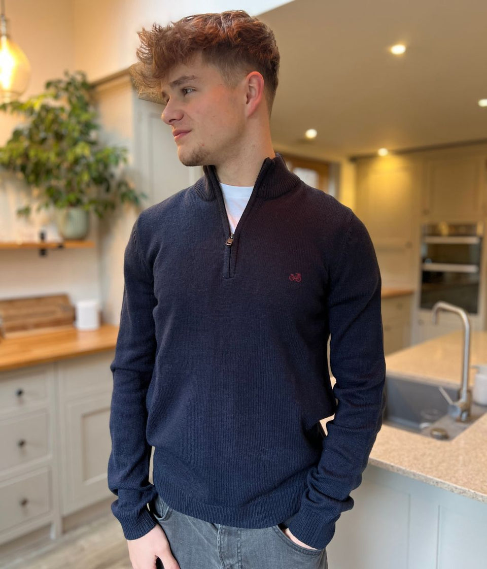 Navy 1/4 Zip Wool Blend Knitted Jumper