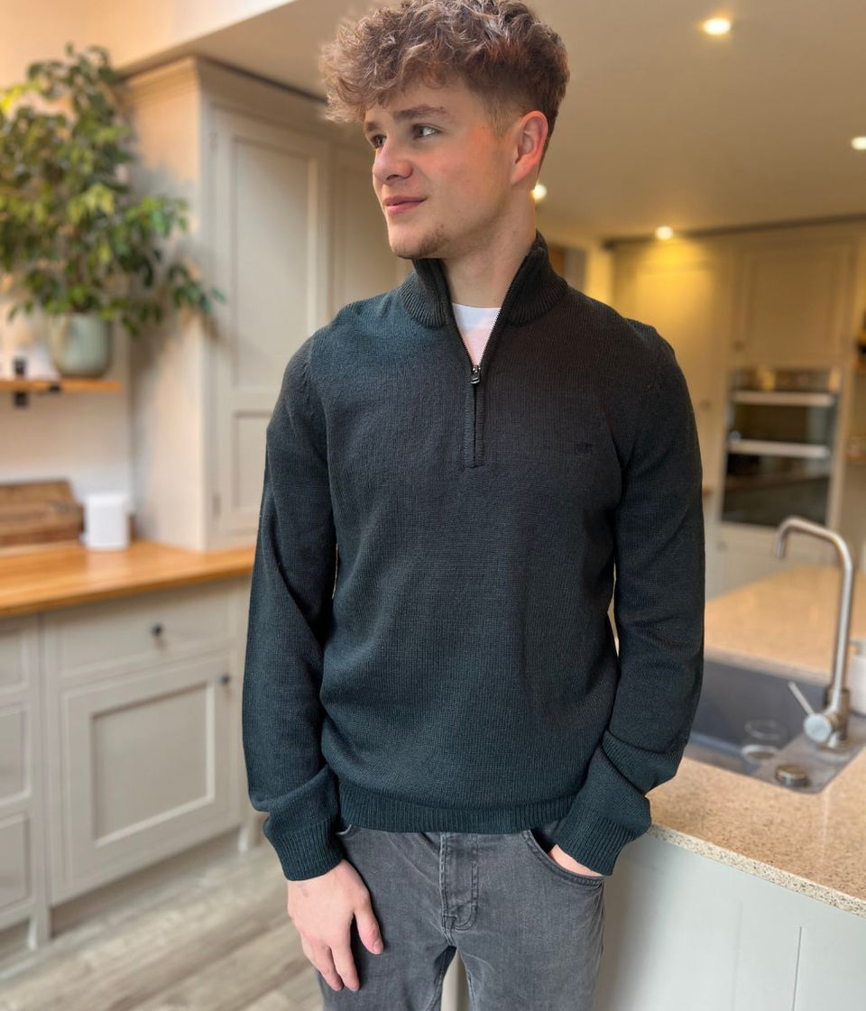 Dark Green 1/4 Zip Wool Blend Knitted Jumper