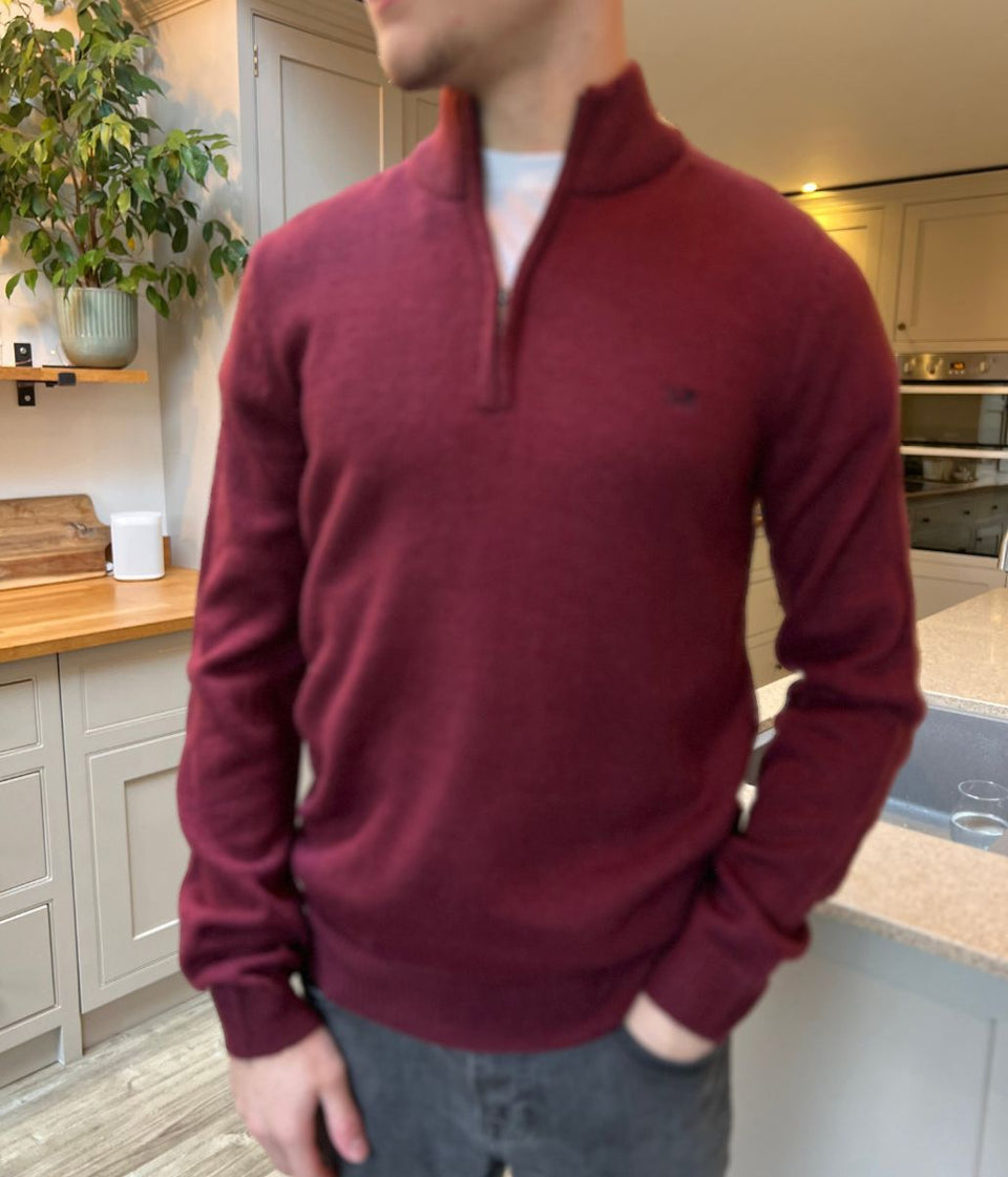 Burgundy 1/4 Zip Wool Blend Knitted Jumper