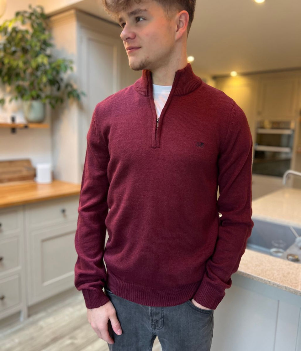 Burgundy 1/4 Zip Wool Blend Knitted Jumper
