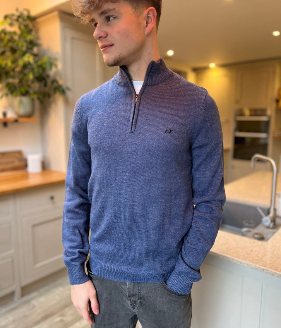 Blue 1/4 Zip Wool Blend Knitted Jumper