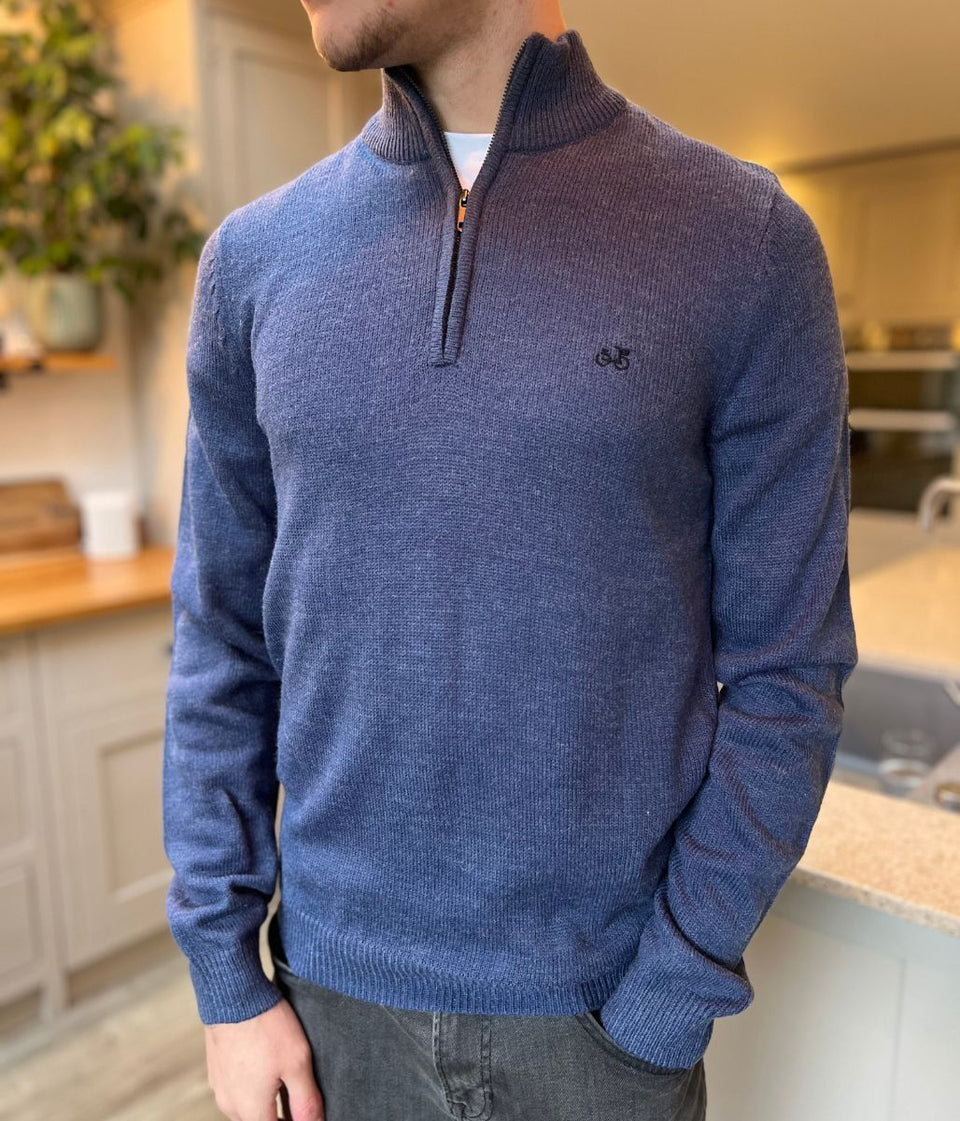 Blue 1/4 Zip Wool Blend Knitted Jumper