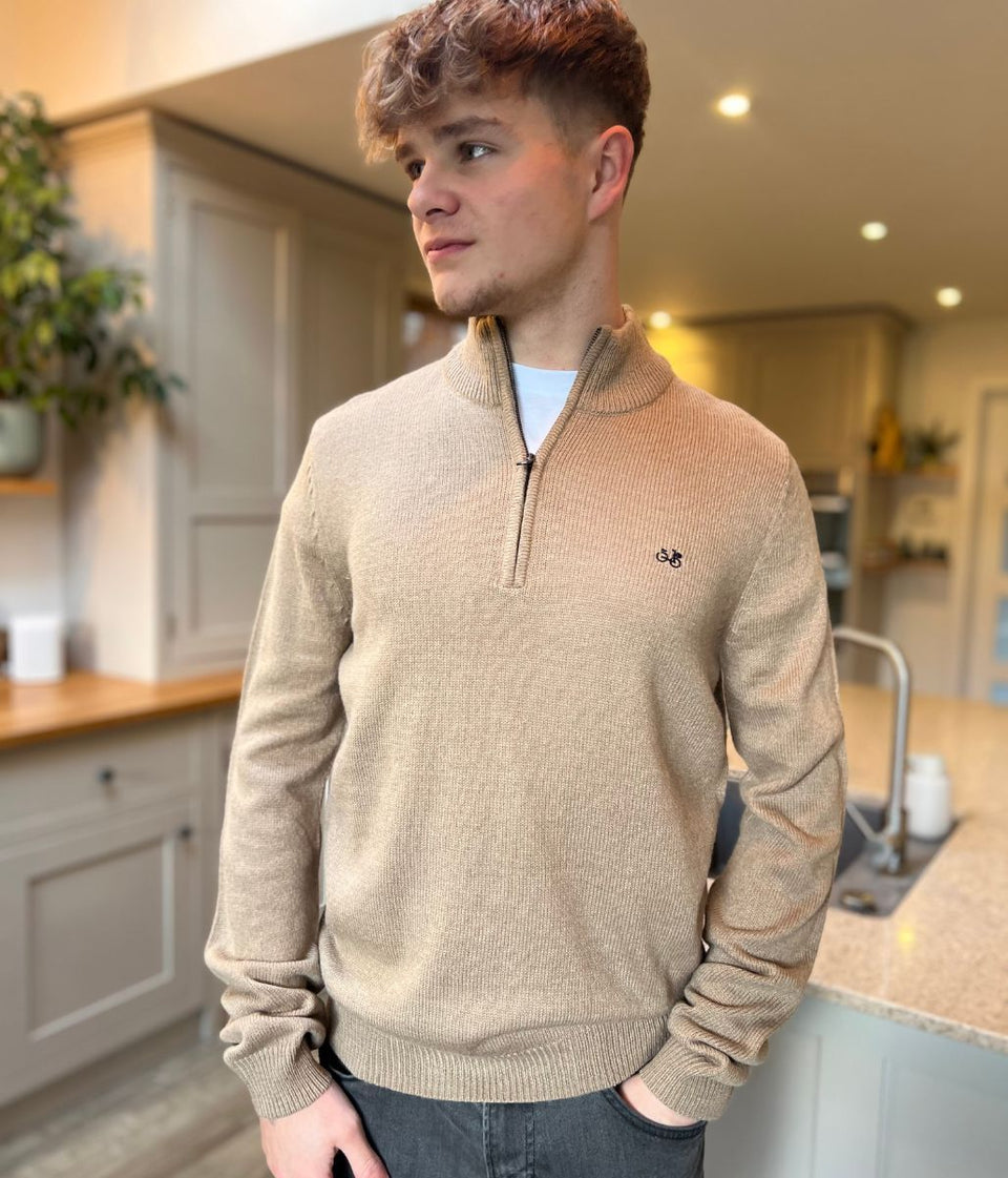 Beige 1/4 Zip Wool Blend Knitted Jumper