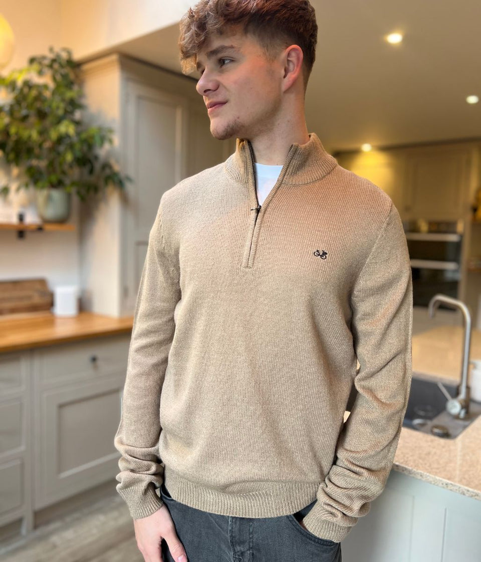 Beige 1/4 Zip Wool Blend Knitted Jumper