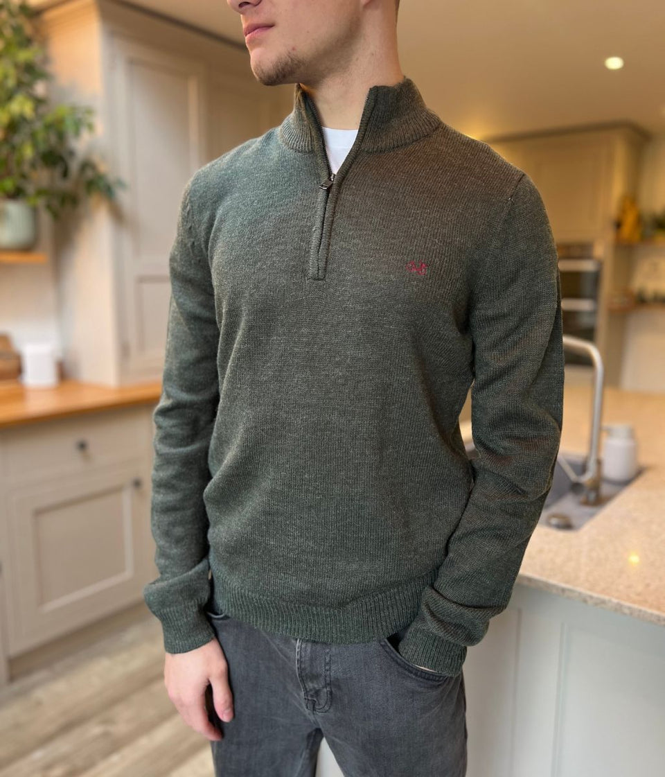 Khaki 1/4 Zip Wool Blend Knitted Jumper