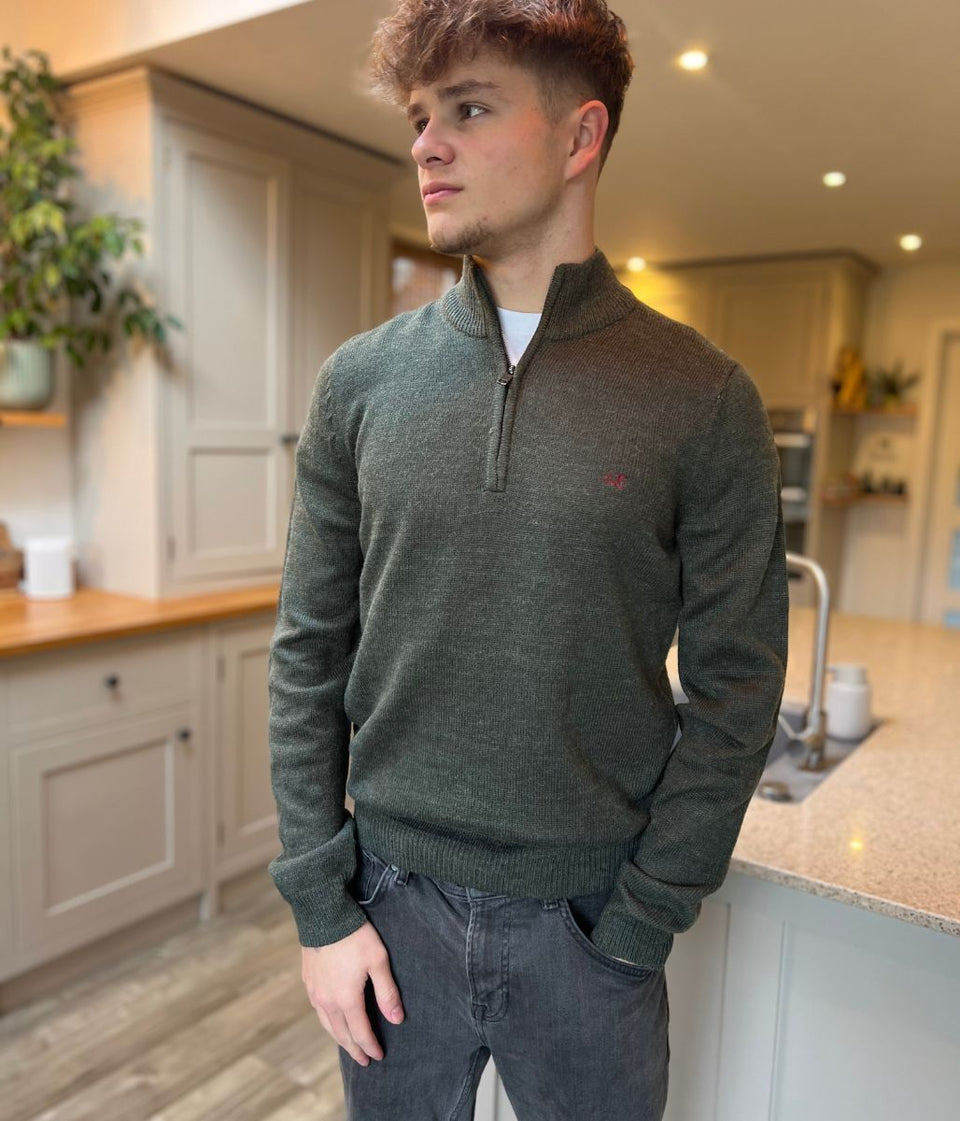 Khaki 1/4 Zip Wool Blend Knitted Jumper