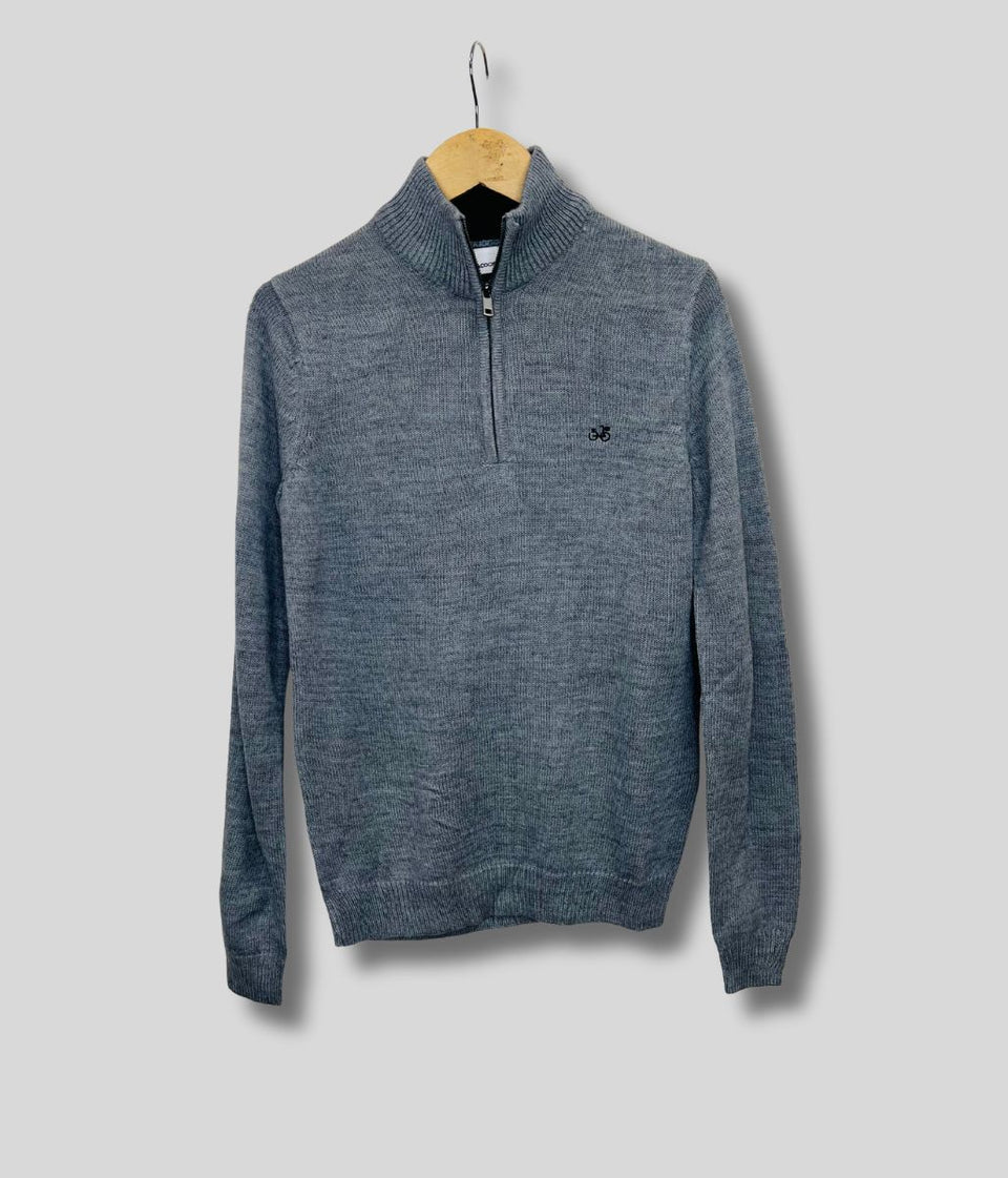 Grey 1/4 Zip Wool Blend Knitted Jumper