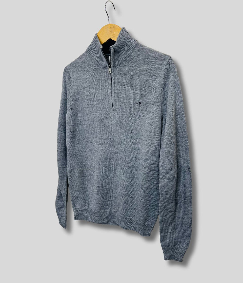 Grey 1/4 Zip Wool Blend Knitted Jumper