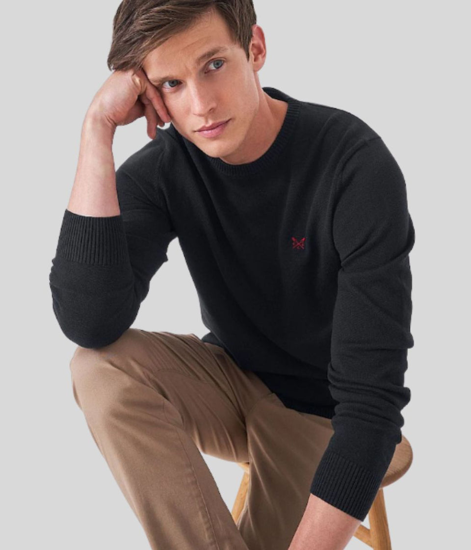 Black Mens Cotton Crew Neck Logo Jumper