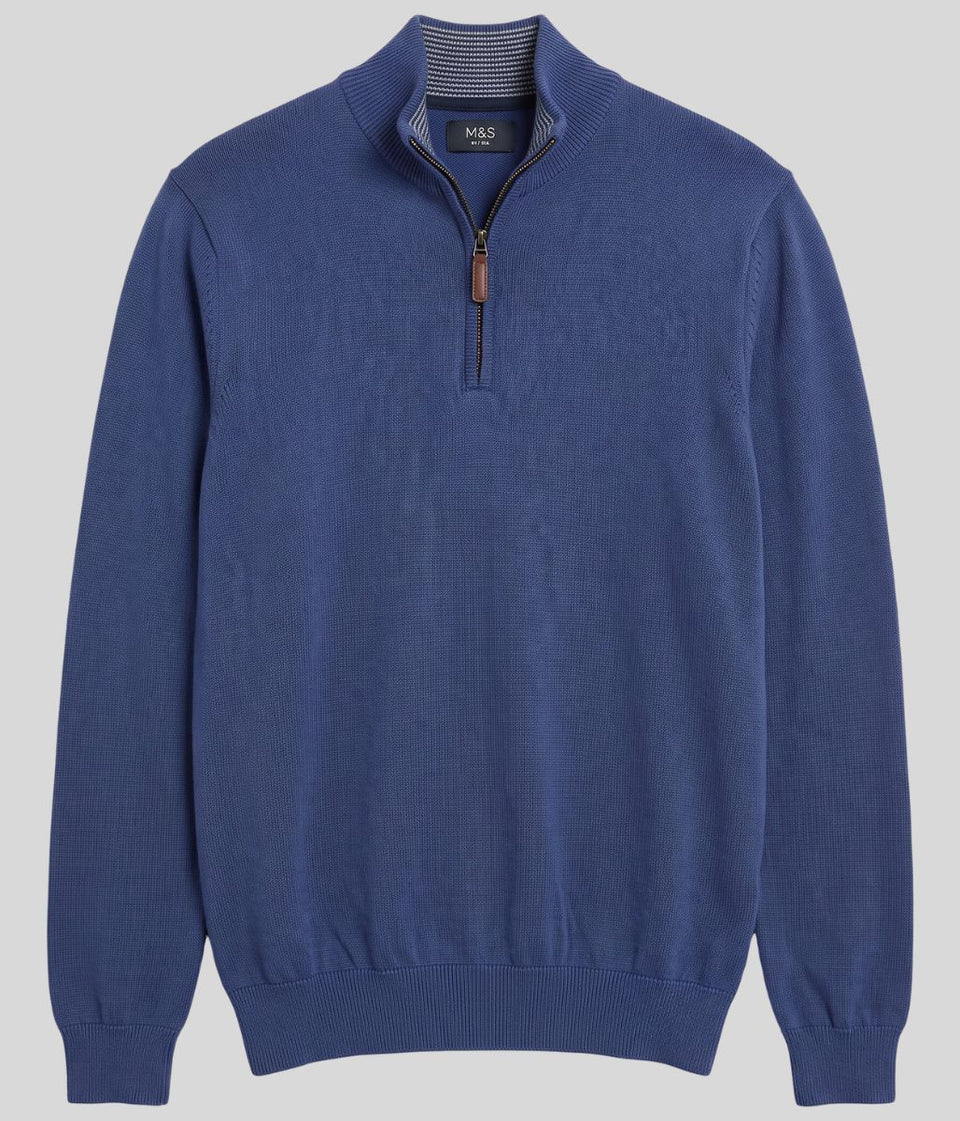 Denim Blue Mens Cotton Half Zip Jumper