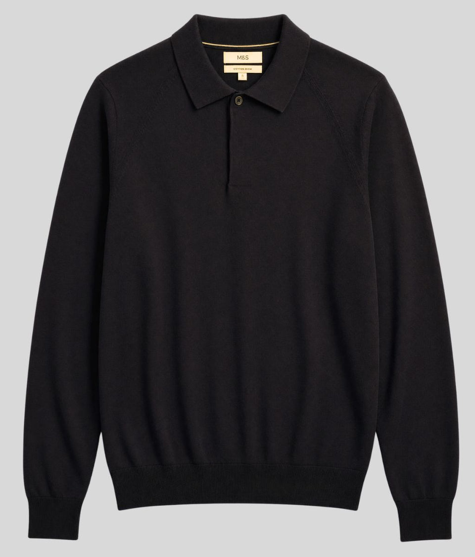 Mens Black Cotton Rich Concealed Button Knitted Polo Top