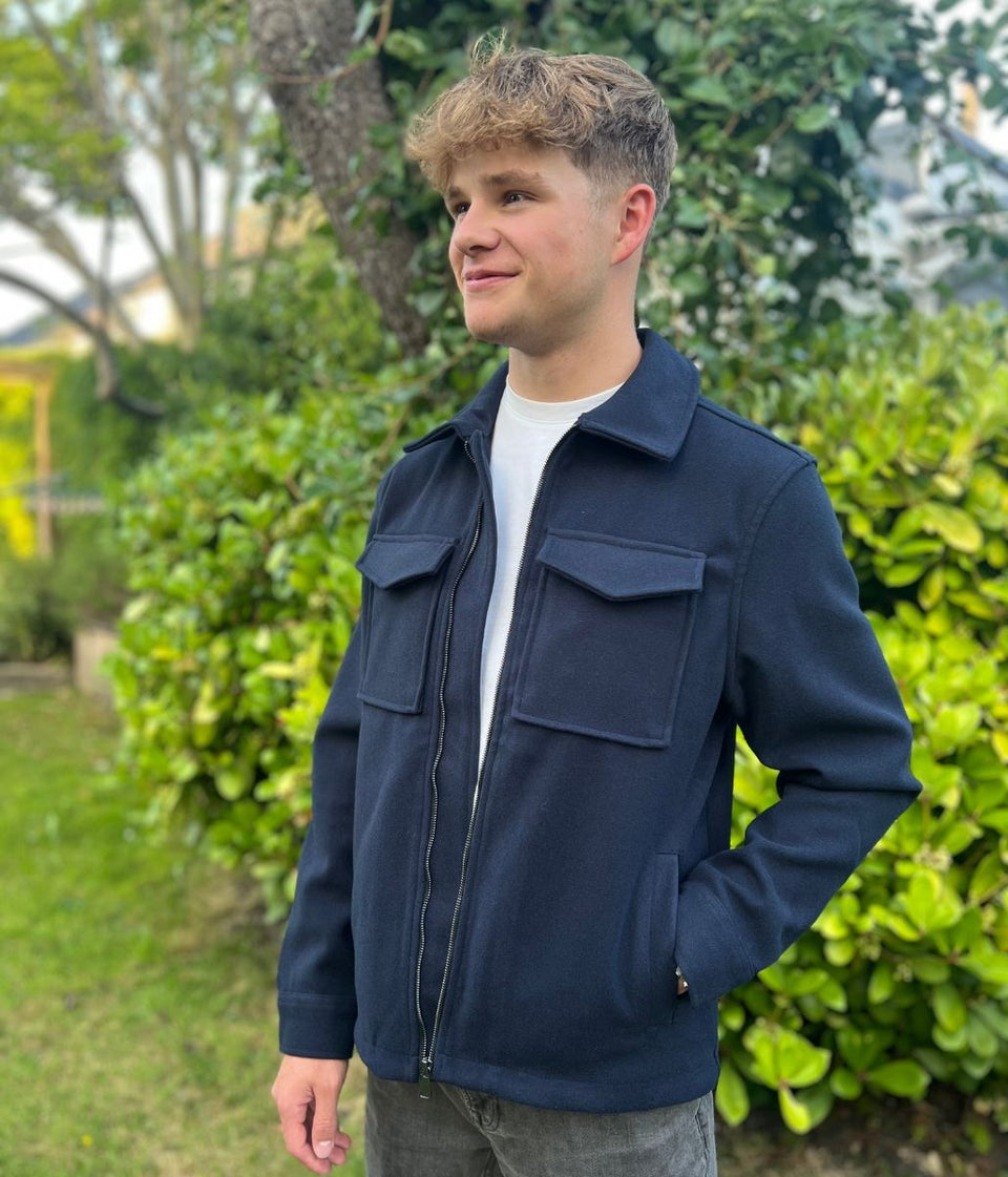 Mens Patch Pocket Zip Through Collared Navy Blue Jacket