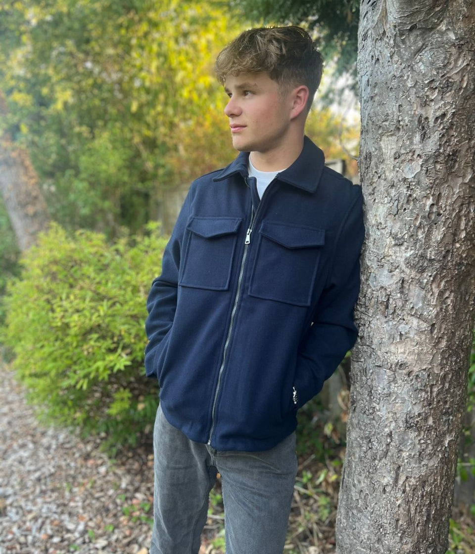 Mens Patch Pocket Zip Through Collared Navy Blue Jacket