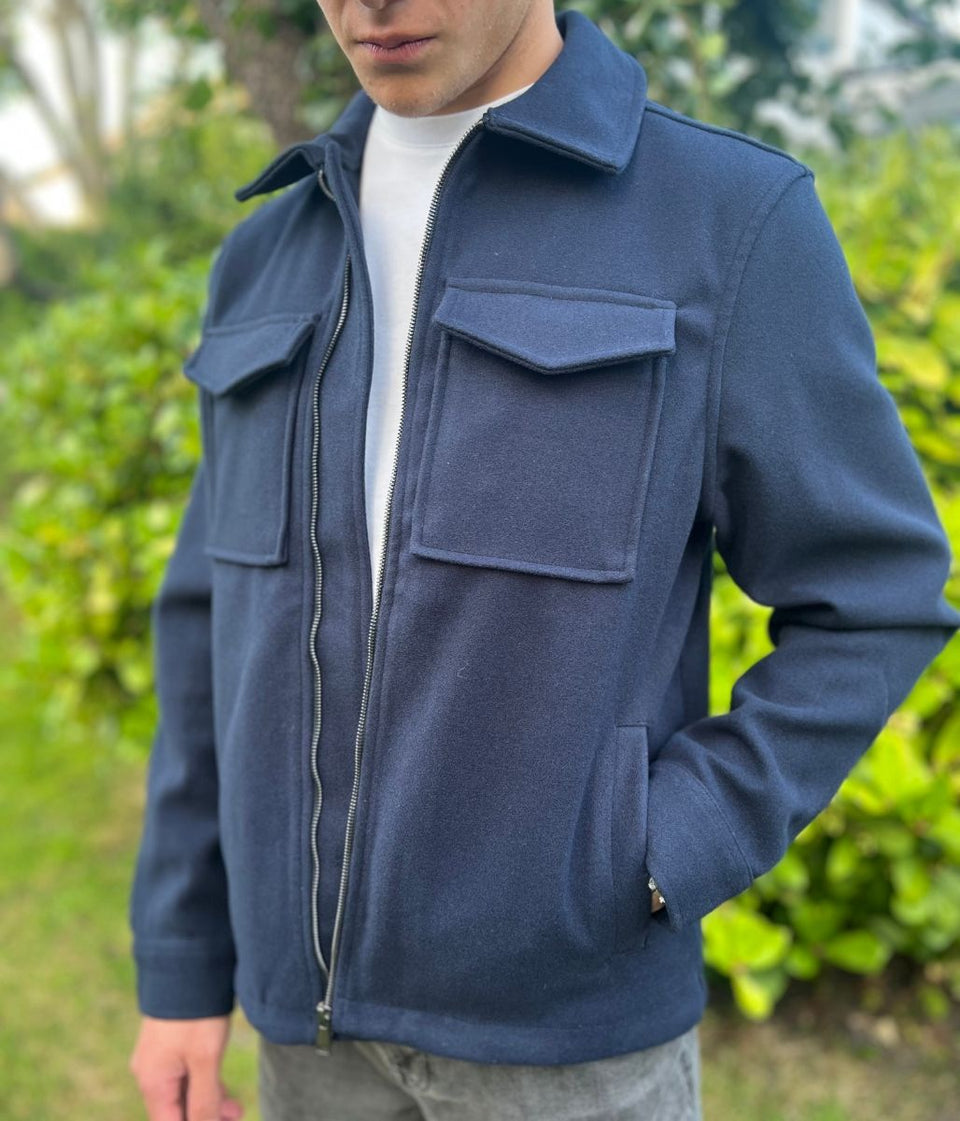 Mens Patch Pocket Zip Through Collared Navy Blue Jacket