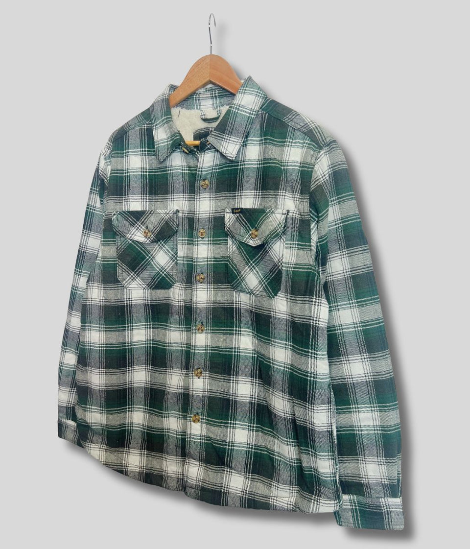 Mens Forest Green Fleece Lined Check Shacket