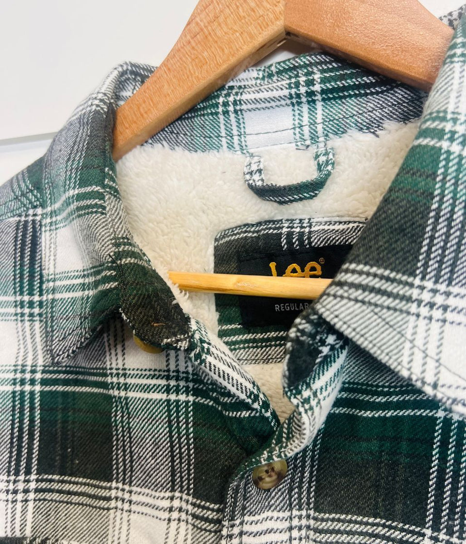 Mens Forest Green Fleece Lined Check Shacket