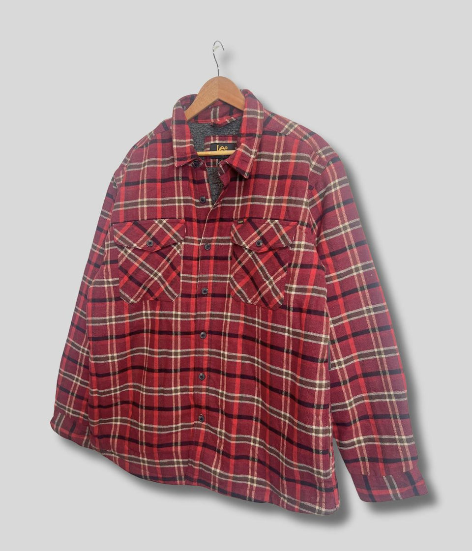 Mens Burgundy Fleece Lined Check Shacket
