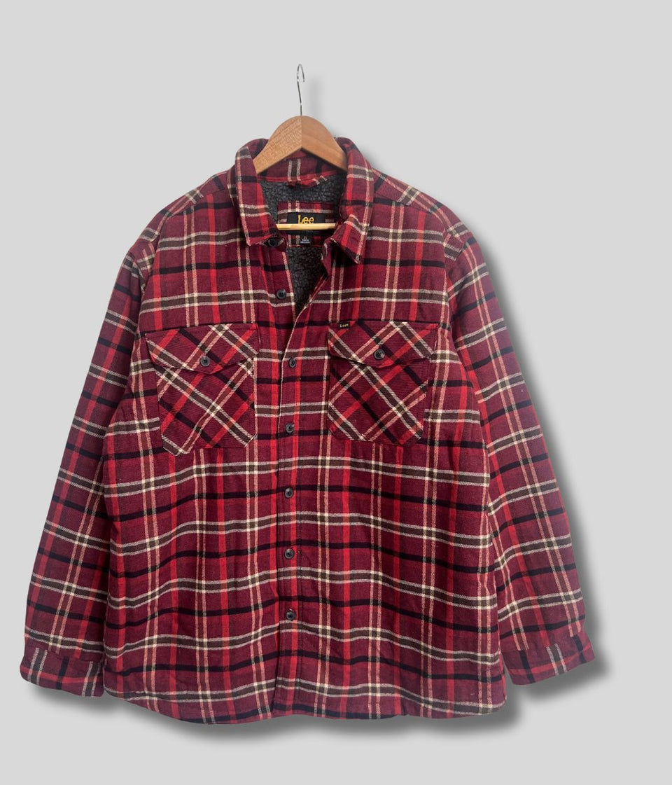 Mens Burgundy Fleece Lined Check Shacket