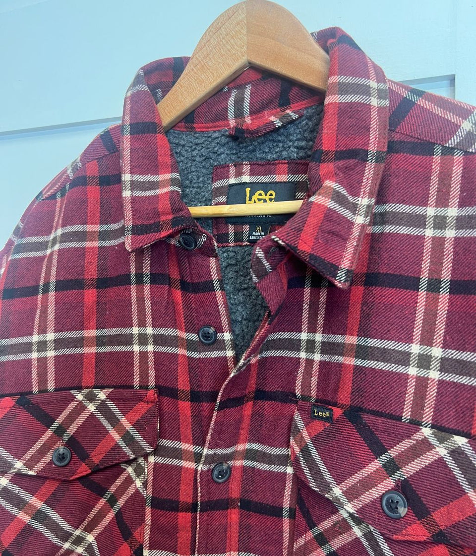 Mens Burgundy Fleece Lined Check Shacket