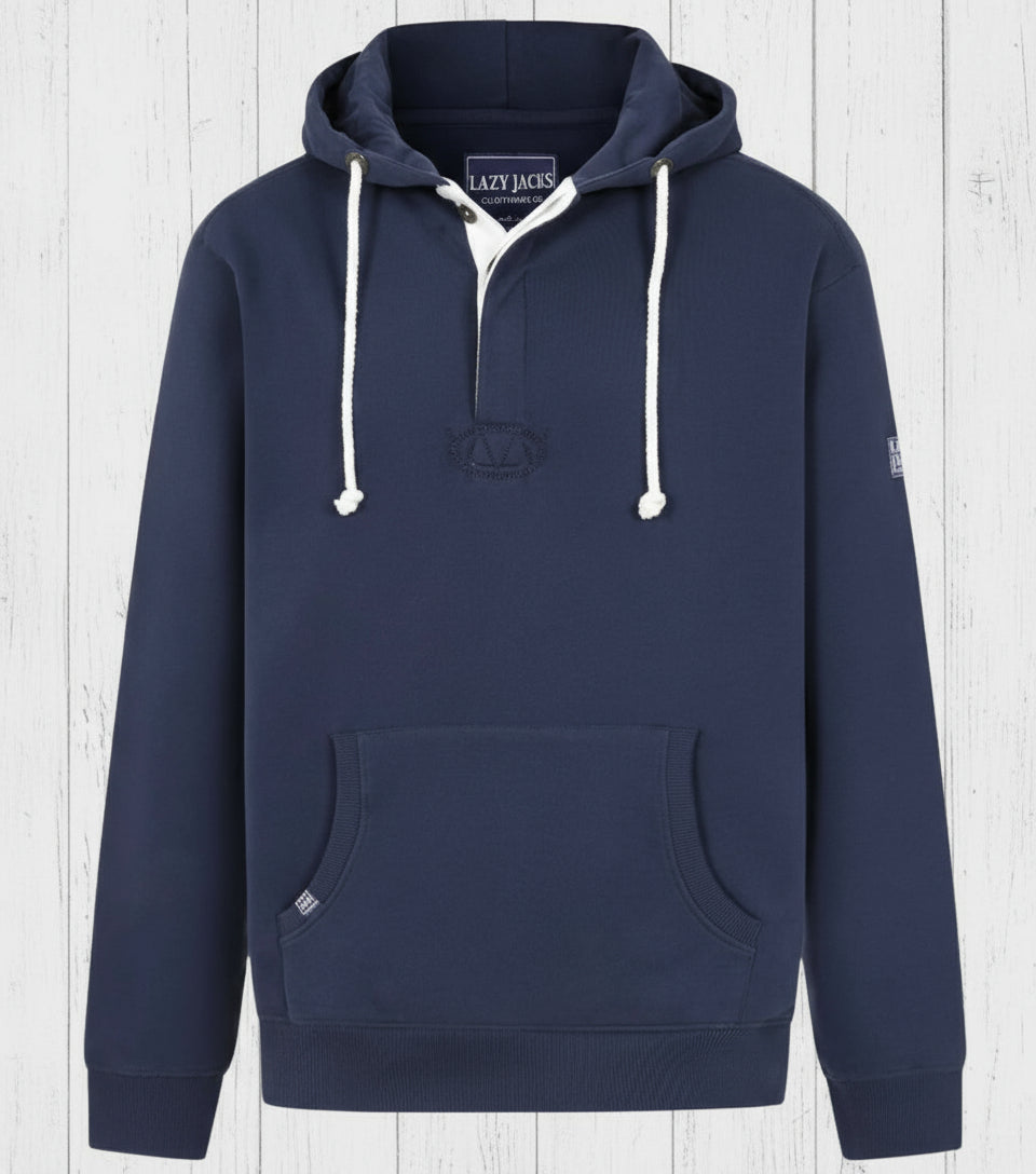 Navy blue hoodie with white drawstrings on a light gray background
