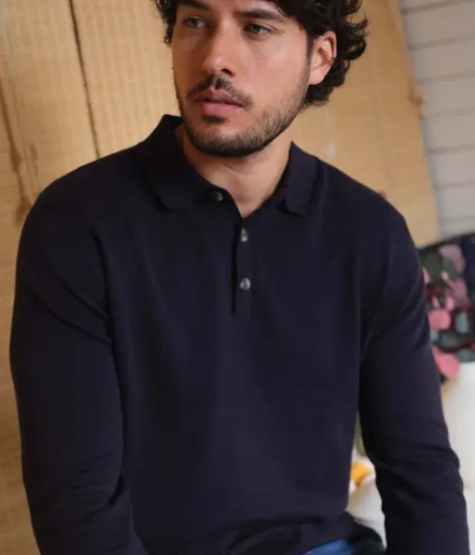 Midnight Blue Alden Long Sleeve Knitted Polo