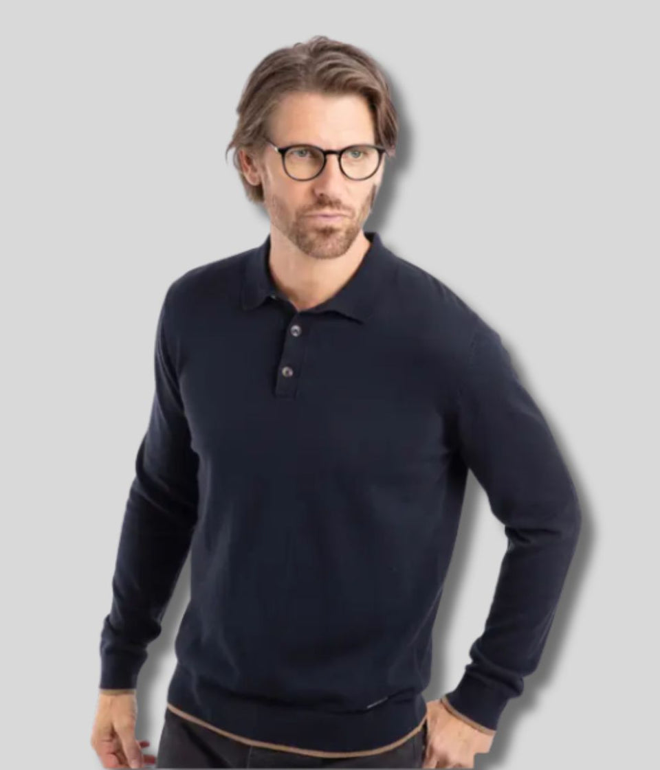 Midnight Blue Alden Long Sleeve Knitted Polo