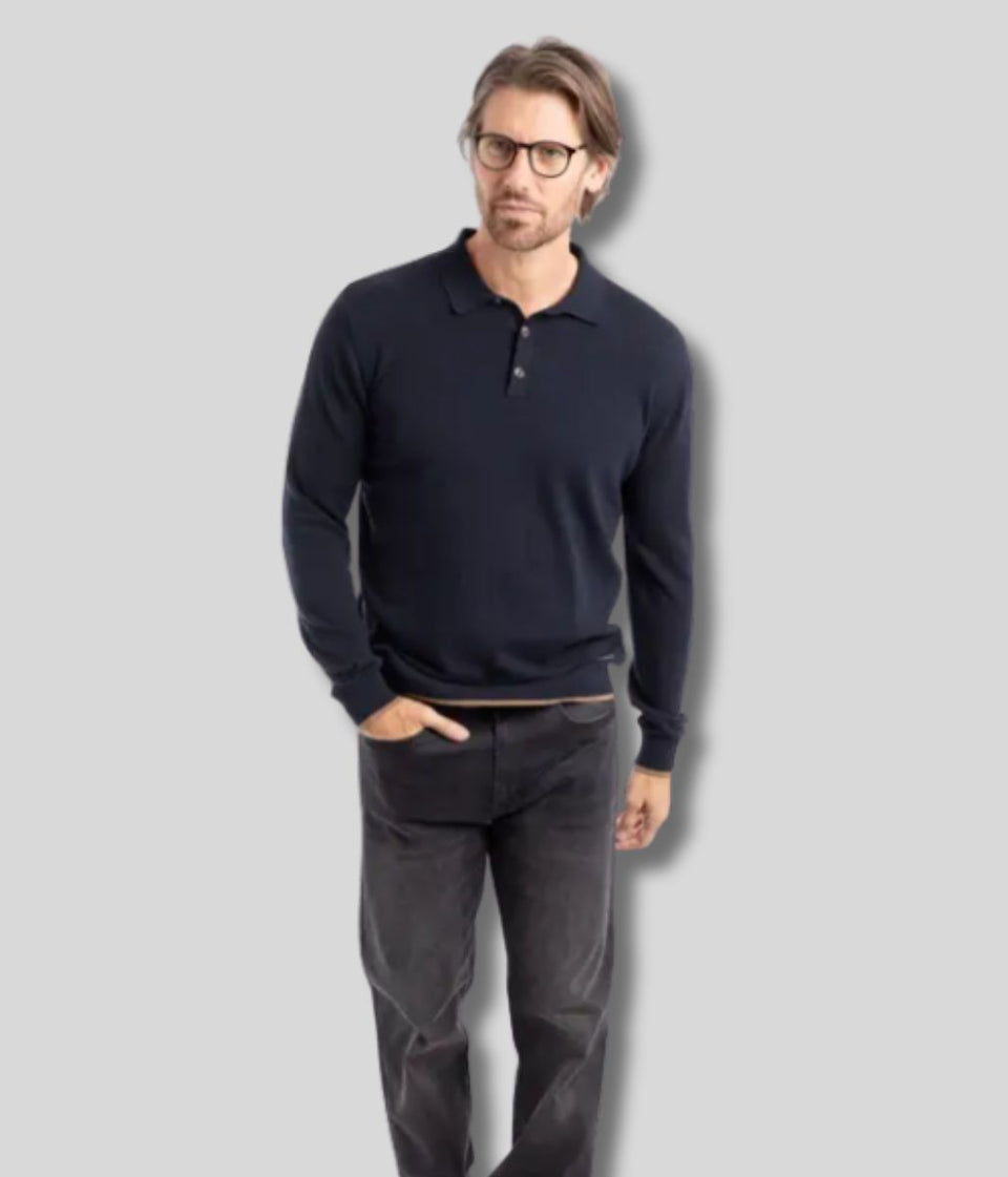 Midnight Blue Alden Long Sleeve Knitted Polo