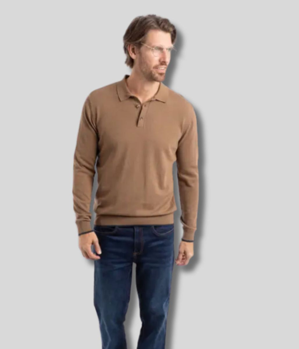 Mocha Alden Long Sleeve Knitted Polo