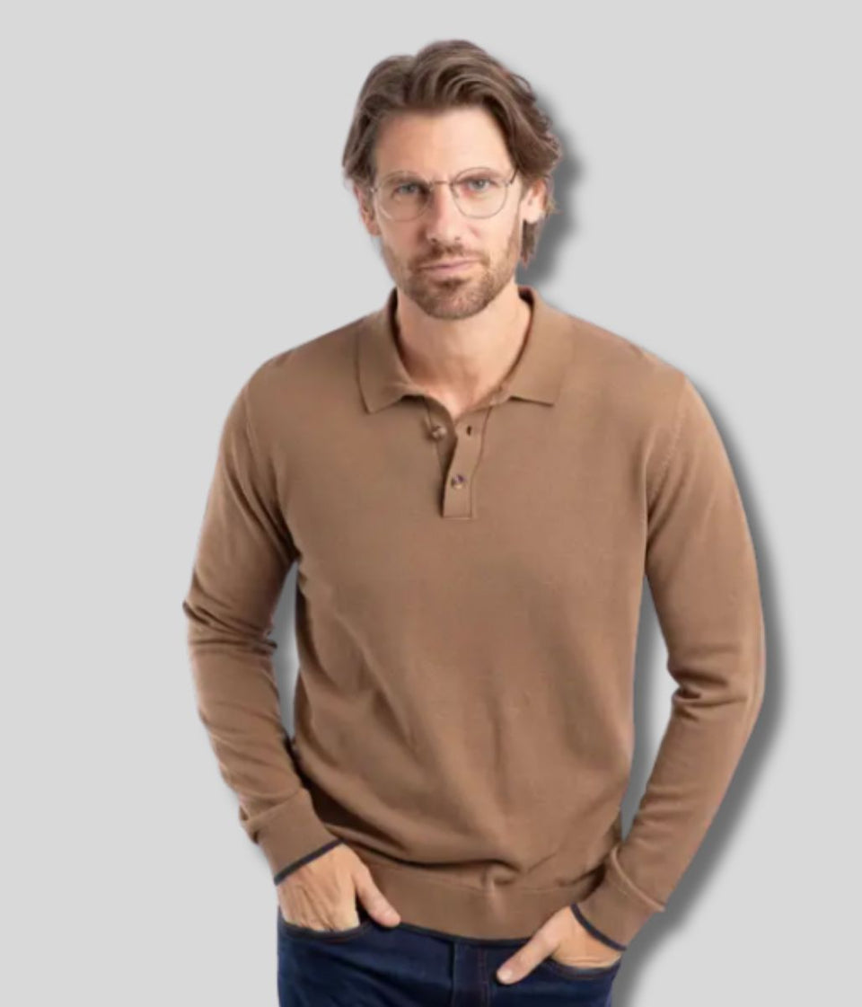 Mocha Alden Long Sleeve Knitted Polo