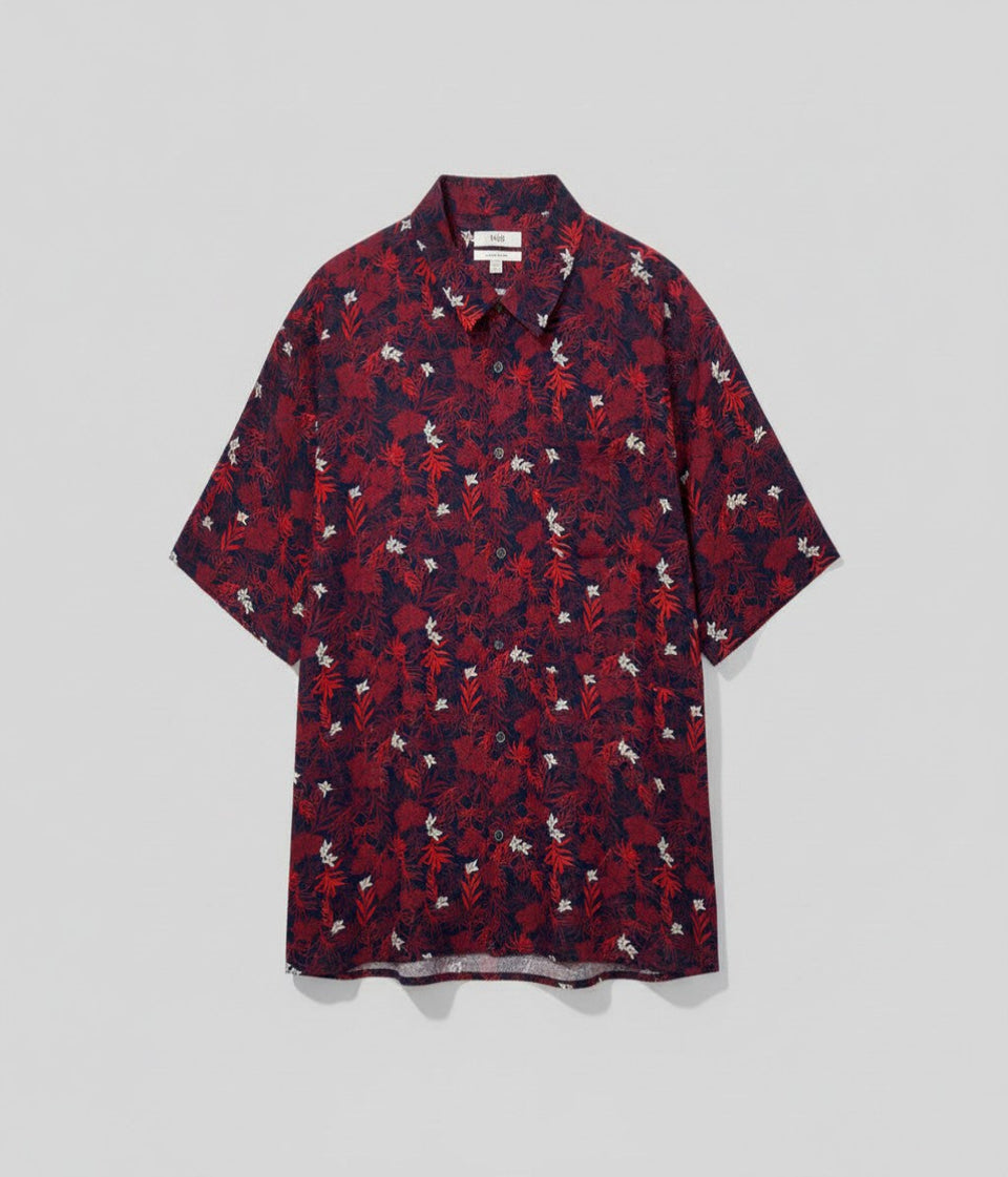 Mens Red Printed Short Sleeve Linen Shirt