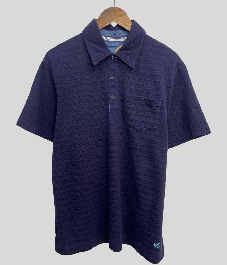 Mens Navy Textured Stripe Cotton Polo Shirt