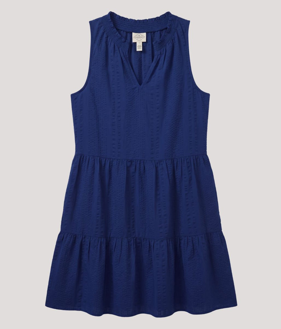 Navy Seersucker Cotton Tiered Dress