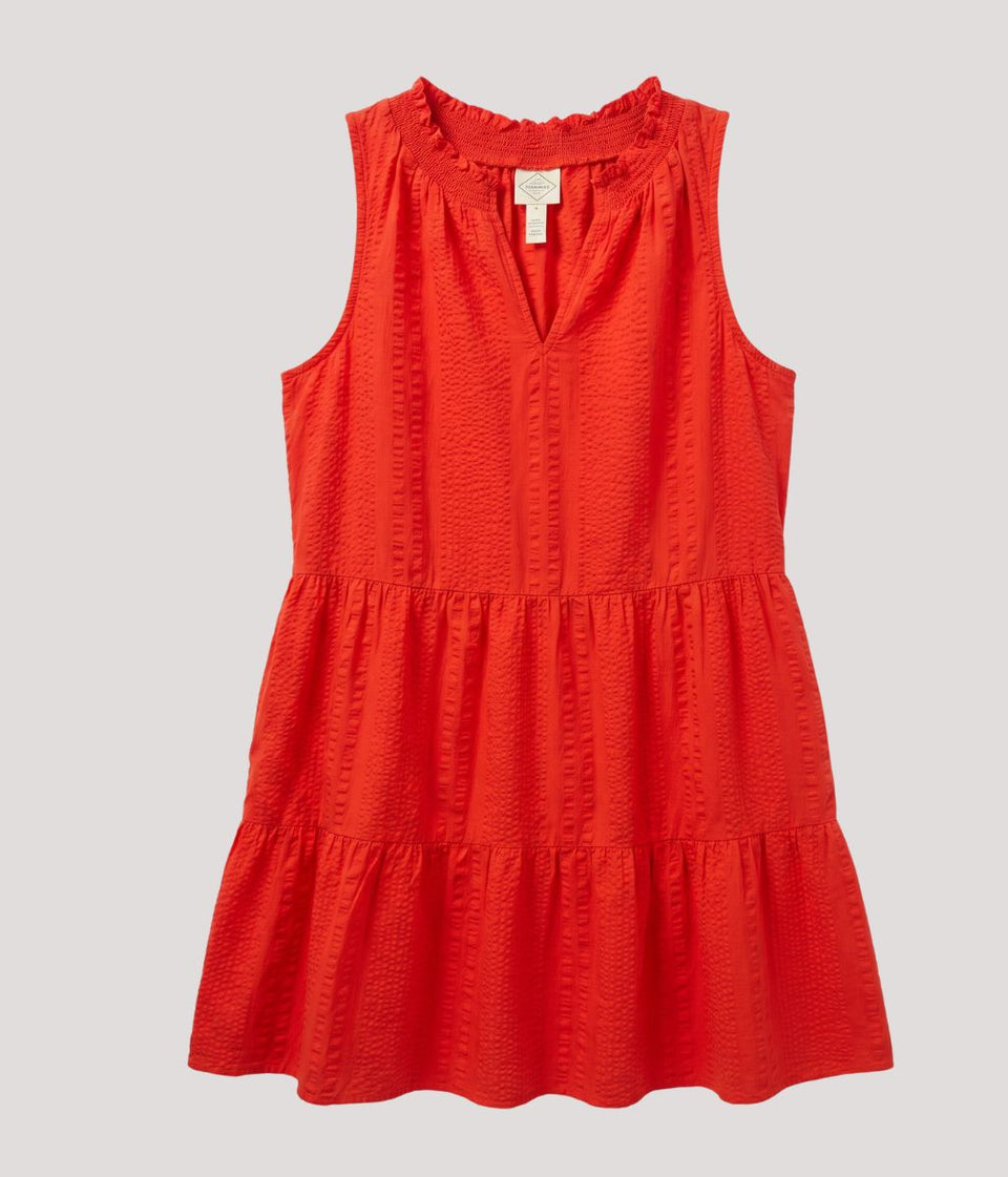 Red Seersucker Cotton Tiered Dress