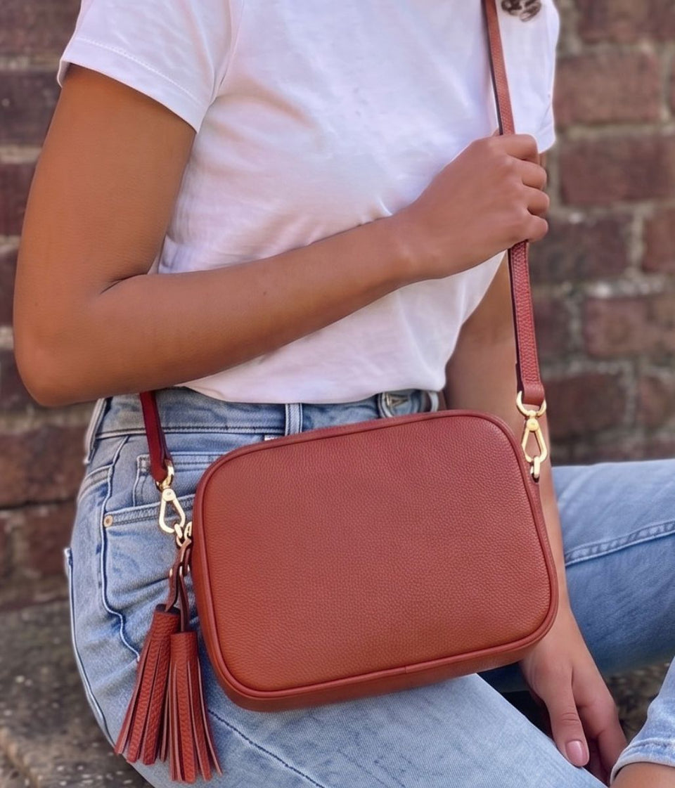 Women's Tan Premium  Leather Tassel Crossbody Bag – Adjustable Strap & Zip Fastening