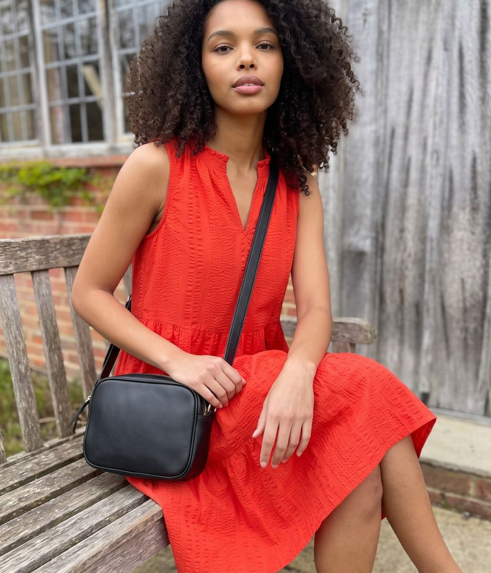 Red Seersucker Cotton Tiered Dress
