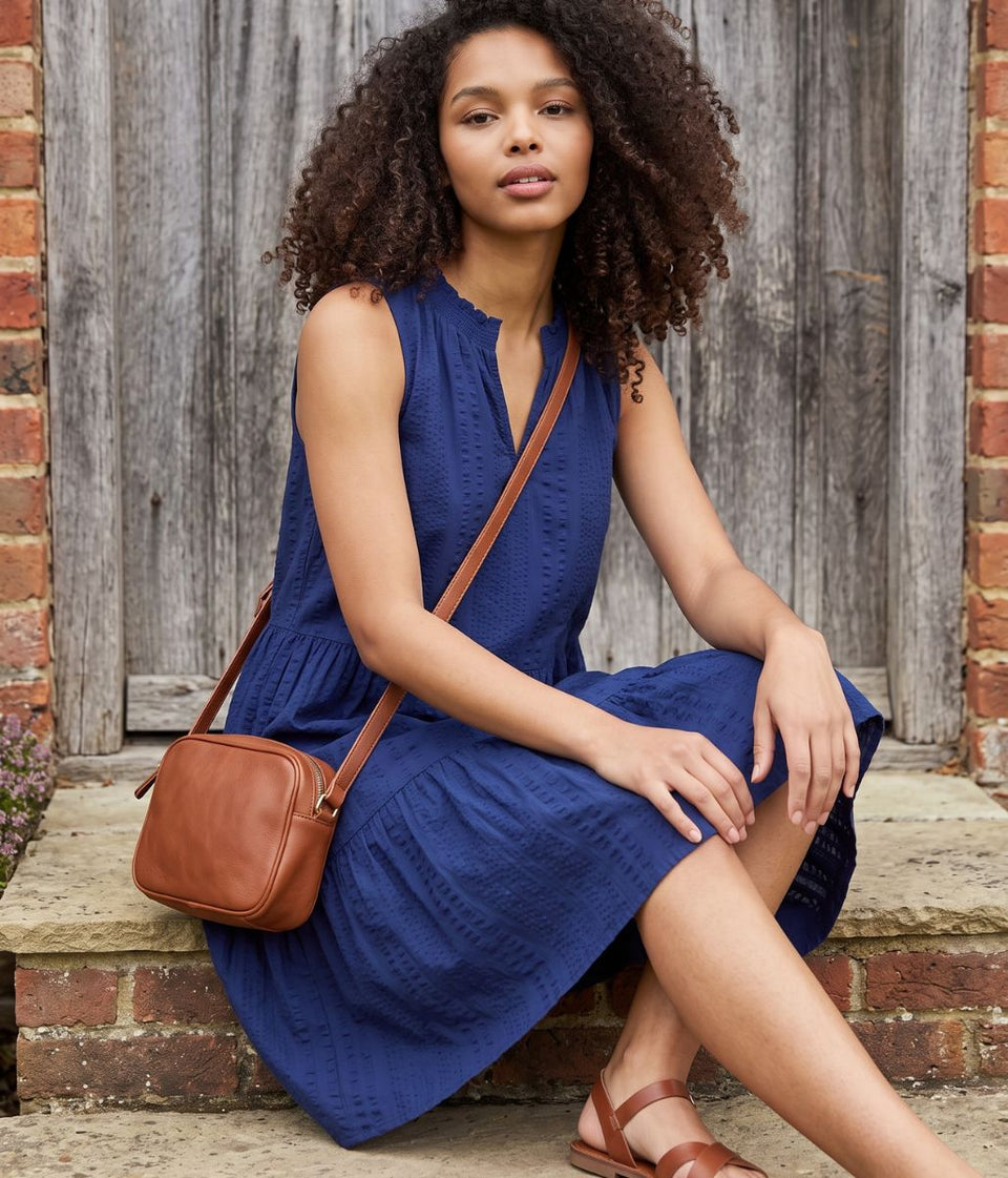 Navy Seersucker Cotton Tiered Dress