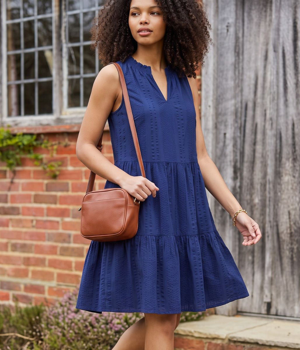 Navy Seersucker Cotton Tiered Dress