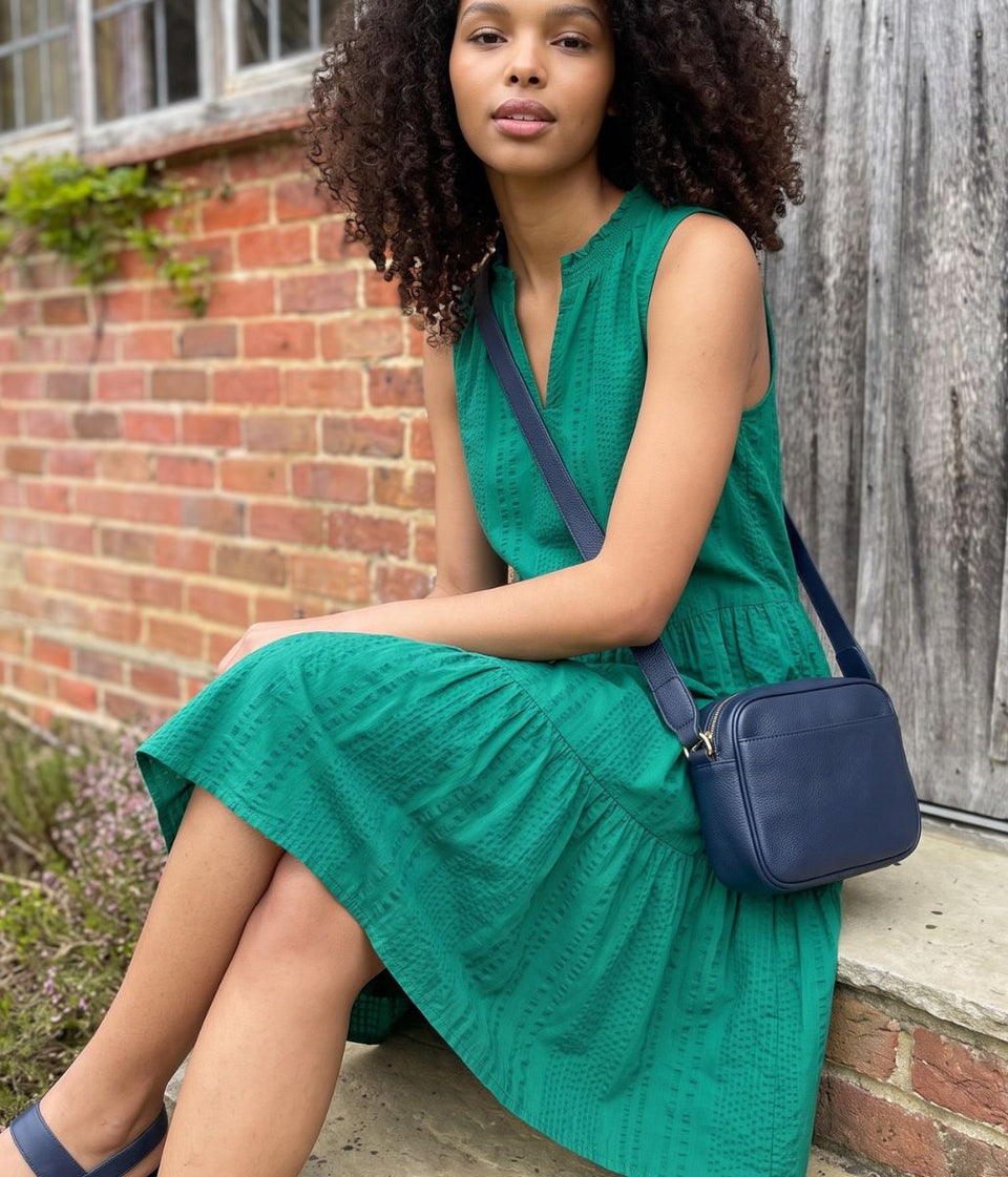 Green Seersucker Cotton Tiered Dress