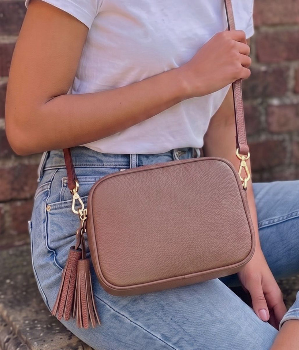 Women's Dark Taupe Premium  Leather Tassel Crossbody Bag – Adjustable Strap & Zip Fastening
