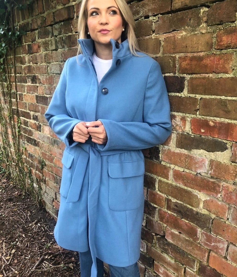 Blue Belted Funnel Neck Coat