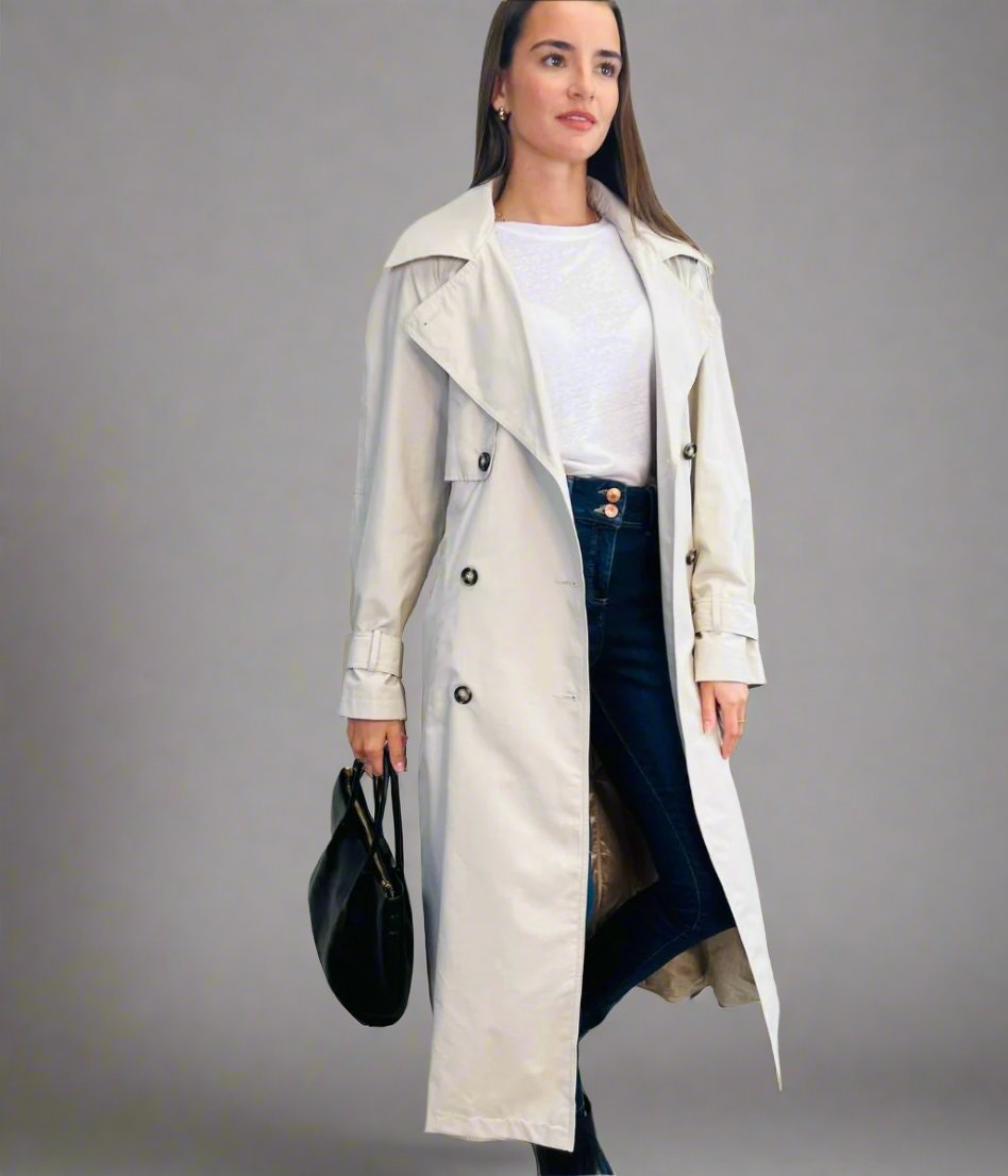 womens stone trench coat double breasted and hooded