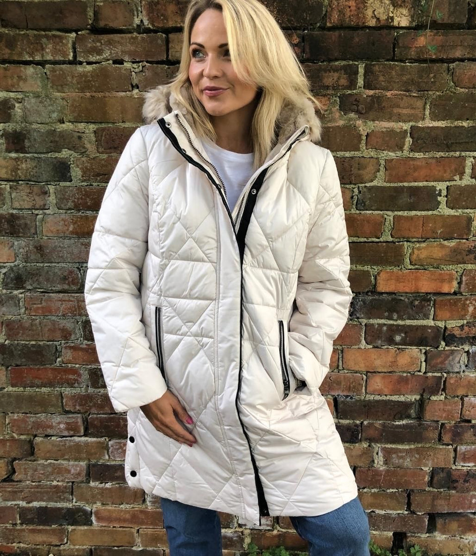 Ivory Warm Hooded Fur trim Padded Coat