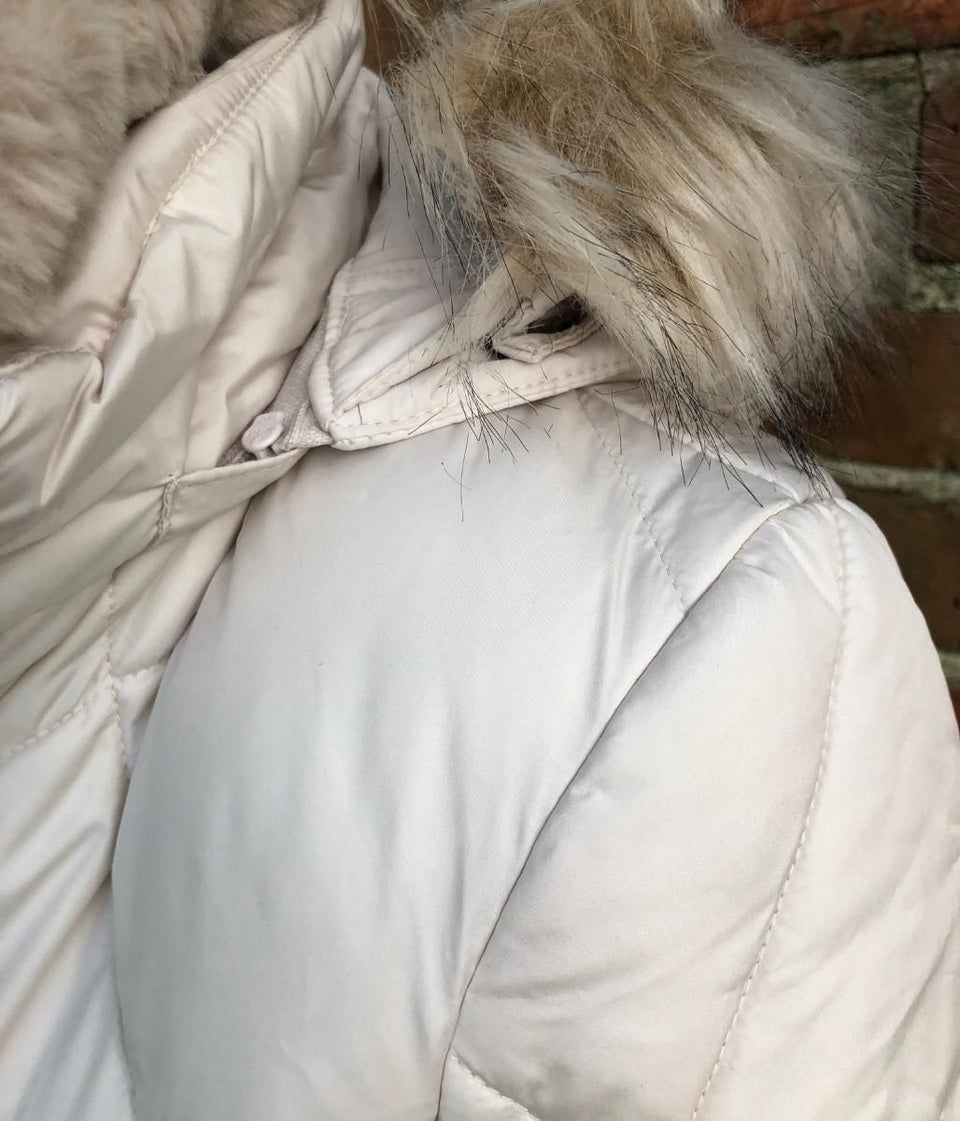 Ivory Warm Hooded Fur trim Padded Coat