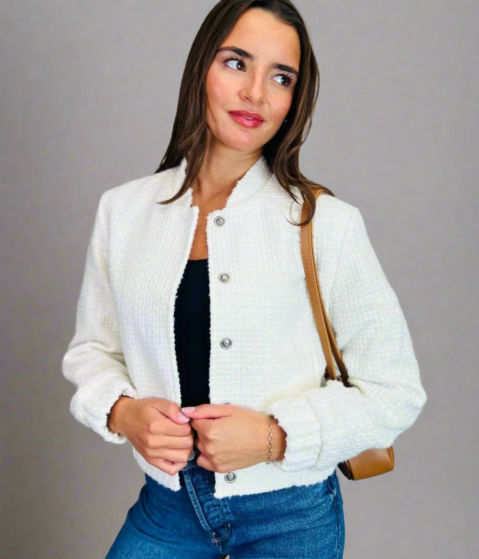 womens ivory boucle bomber style jacket