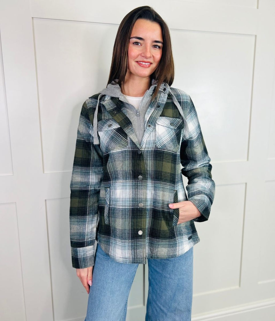 Green Sherpa Checked Hooded Shacket